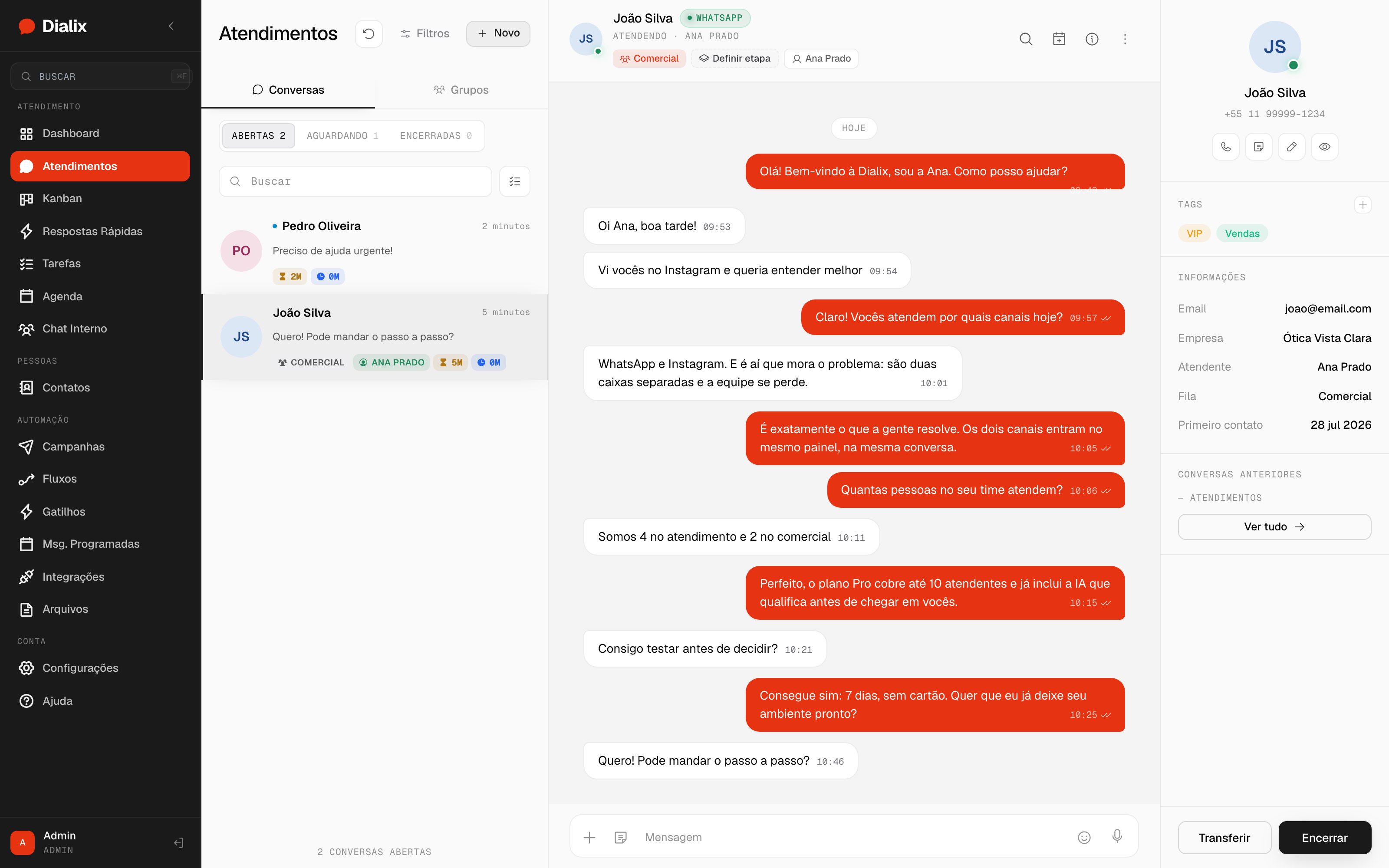 Caixa de entrada do Dialix com WhatsApp e Instagram no mesmo painel